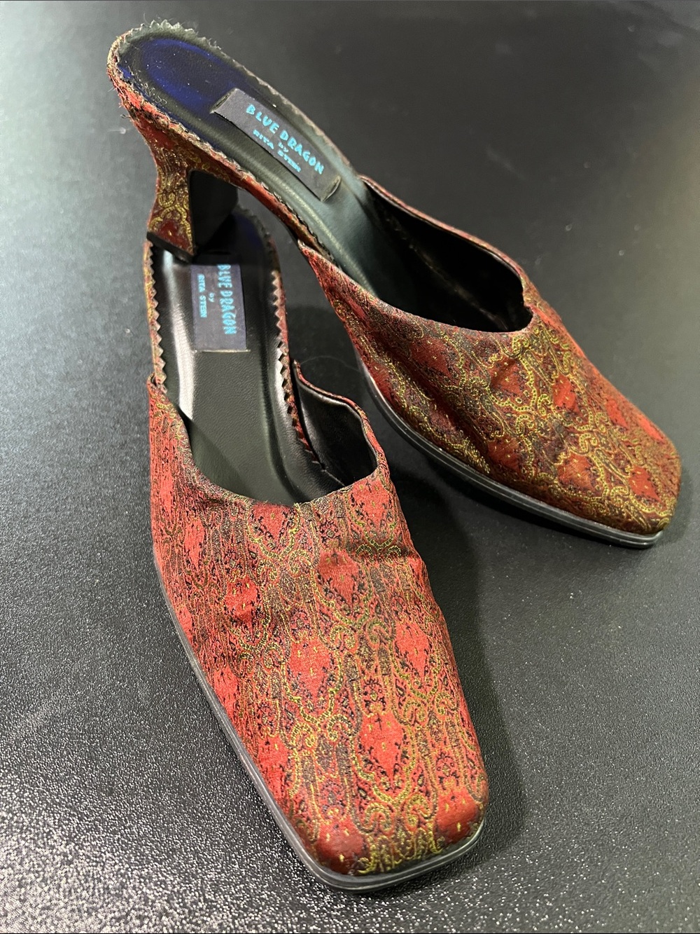 Blue Dragon by Rita Stein Rare Vintage Red Paisley Mules